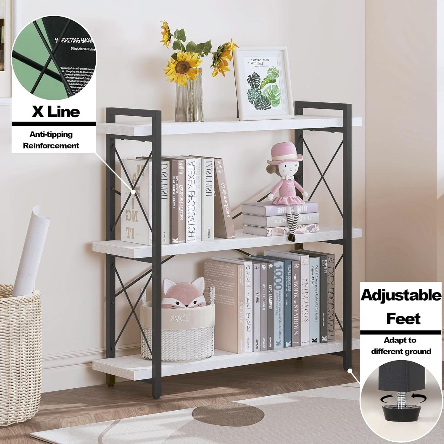 Industrial Three Tier Open Bookcase With Metal Frame Sturdy-2