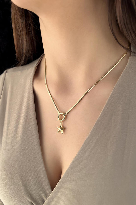 14ct Gold Classic Snake Chain Puffed Faceted Star Necklace-0