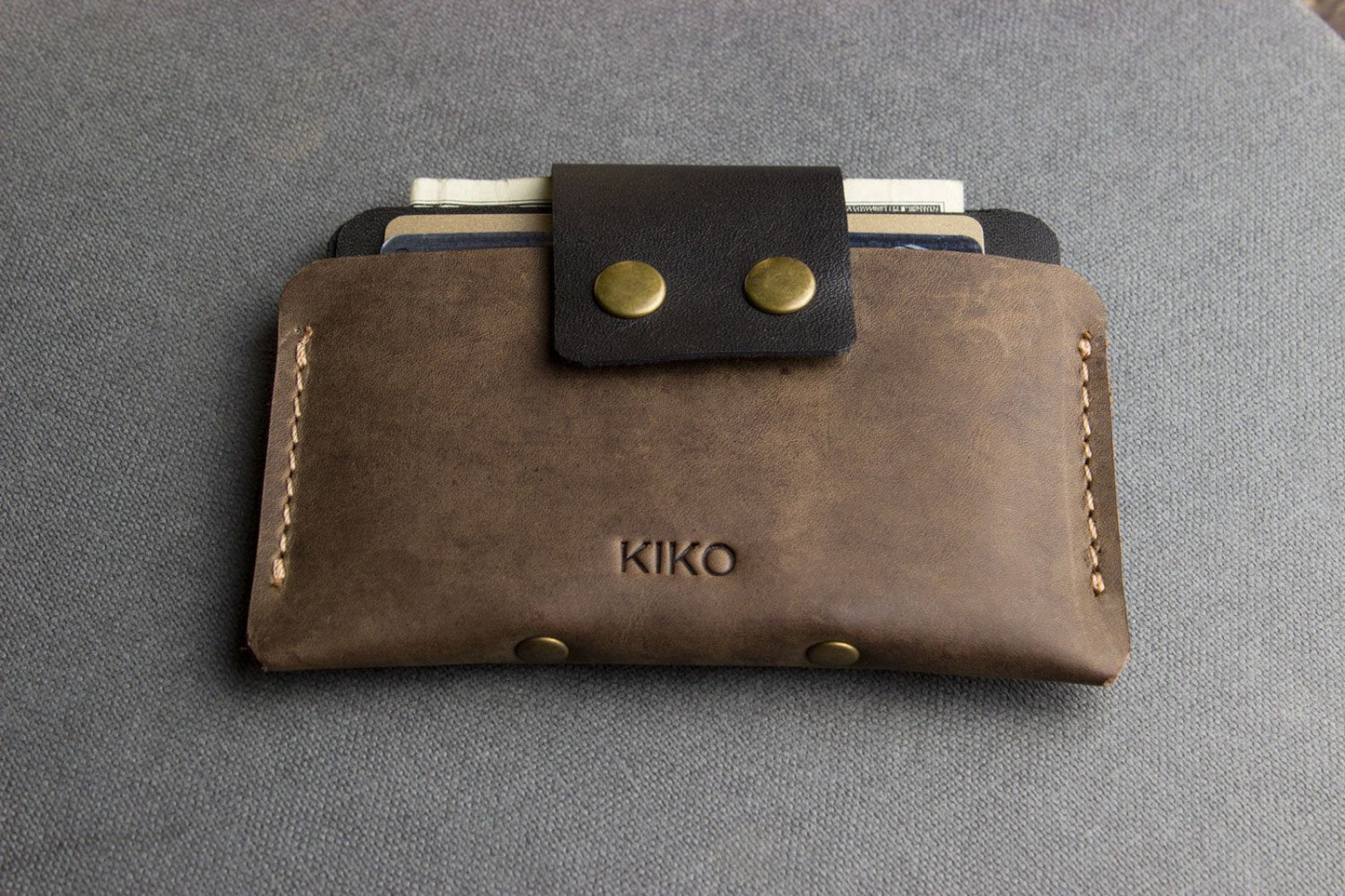Two-Tone Cowhide Leather Card Holder Wallet Slim Button Closure-1