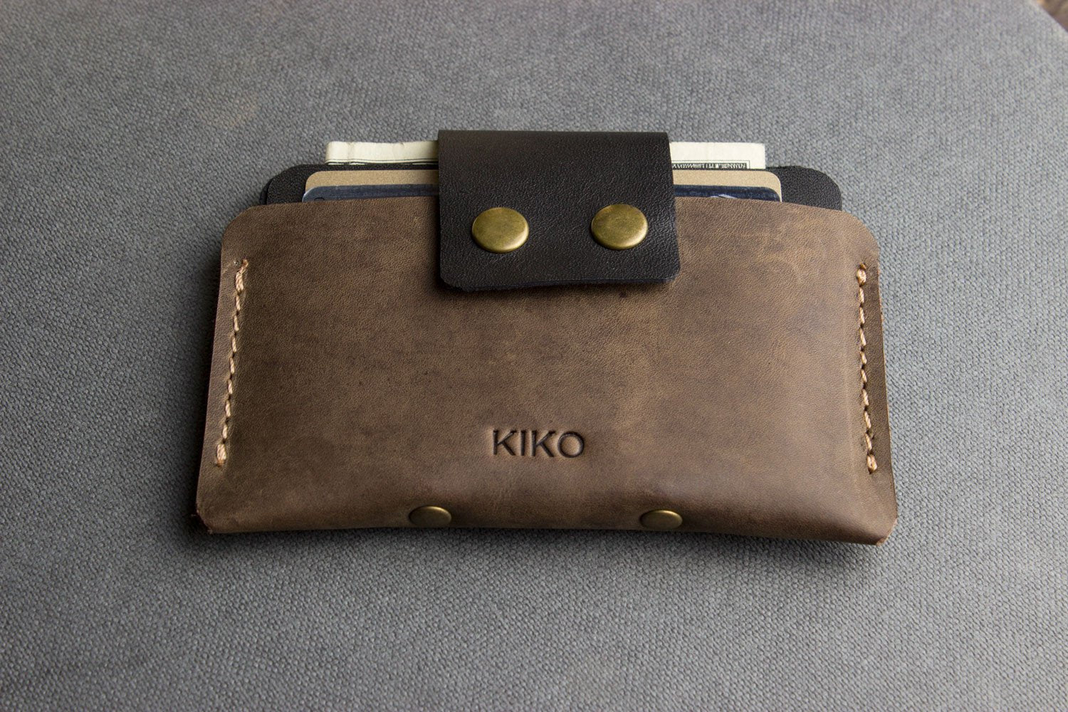 Two-Tone Cowhide Leather Card Holder Wallet Slim Button Closure-1