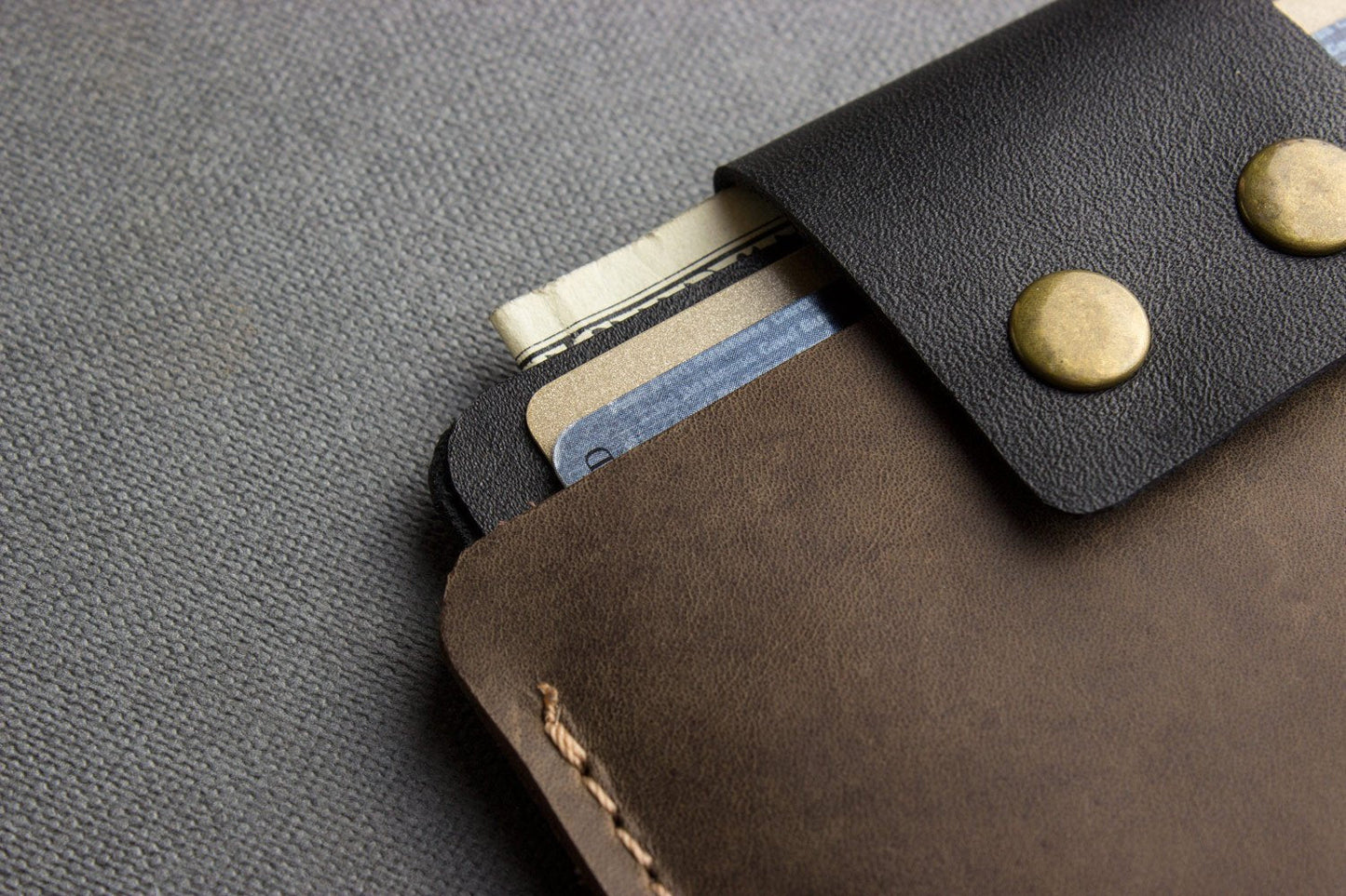 Two-Tone Cowhide Leather Card Holder Wallet Slim Button Closure-3