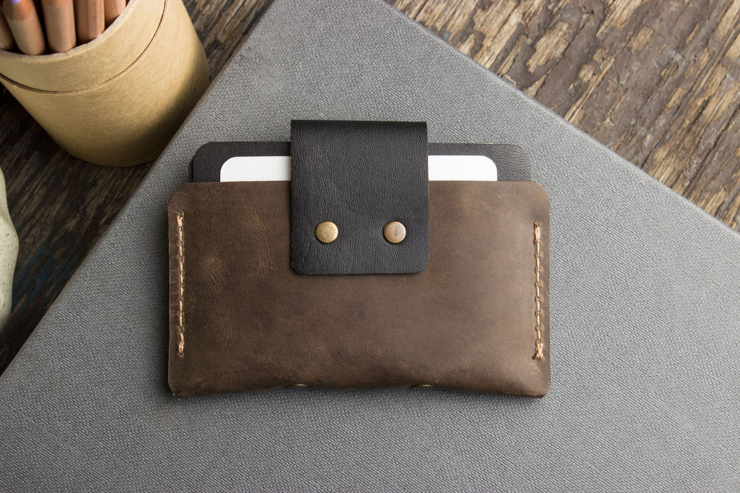 Two-Tone Cowhide Leather Card Holder Wallet Slim Button Closure-2