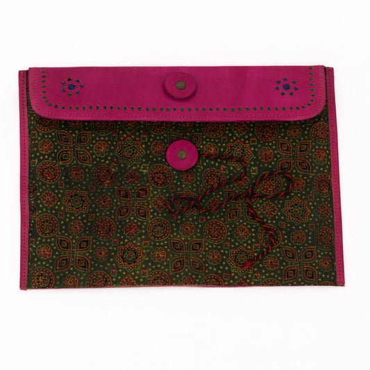 Hand-carved Leather iPad Case with Hand-block Ajrakh Print - Pink Green-1