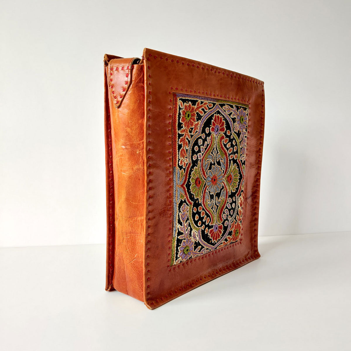 Intricate Embroidery Camel Leather Handbag-2