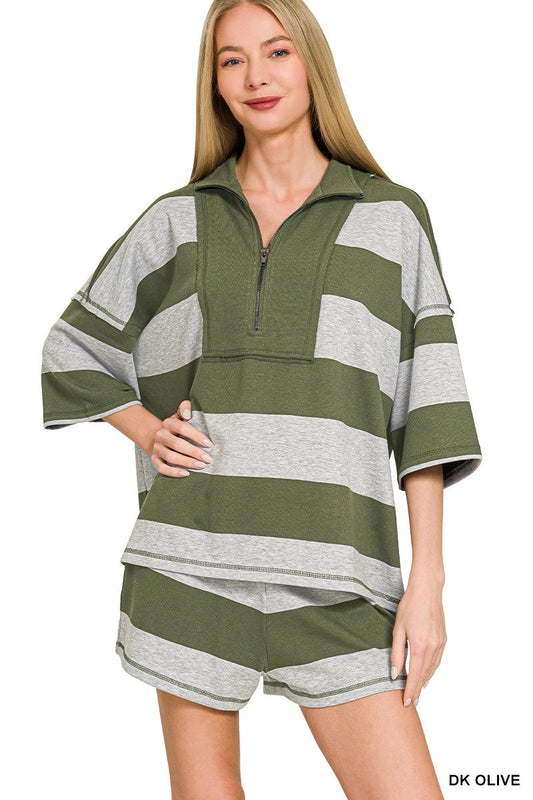 Zenana Frenchterry Striped Half Zip Top & Shorts Set-0