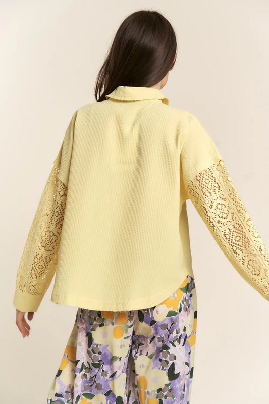 J.NNA Button Down Lace Long Sleeve Waffle Shirt-1