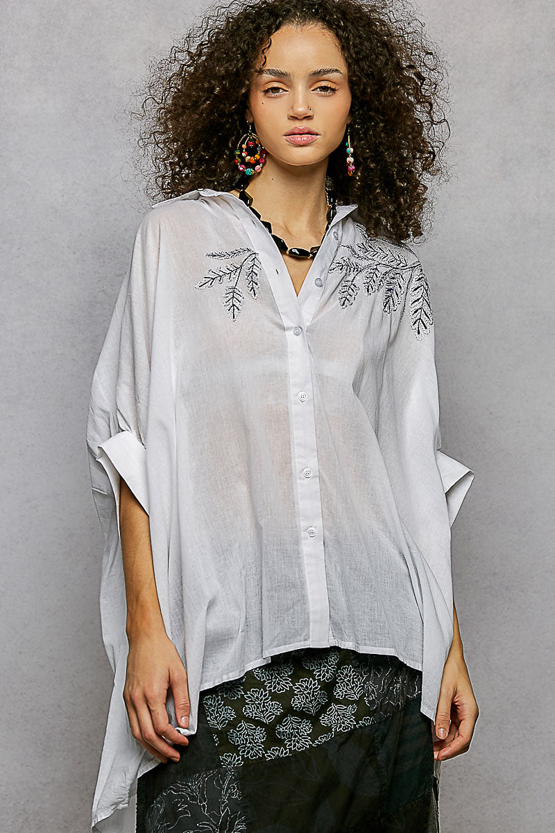 POL Button Down Embroidered Floral High-Low Hem Shirt-0
