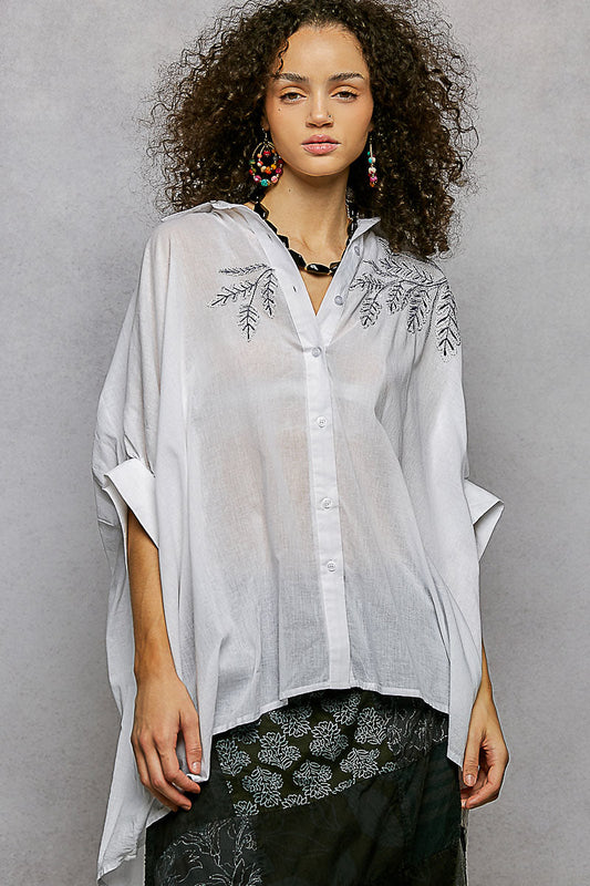 POL Button Down Embroidered Floral High-Low Hem Shirt-0