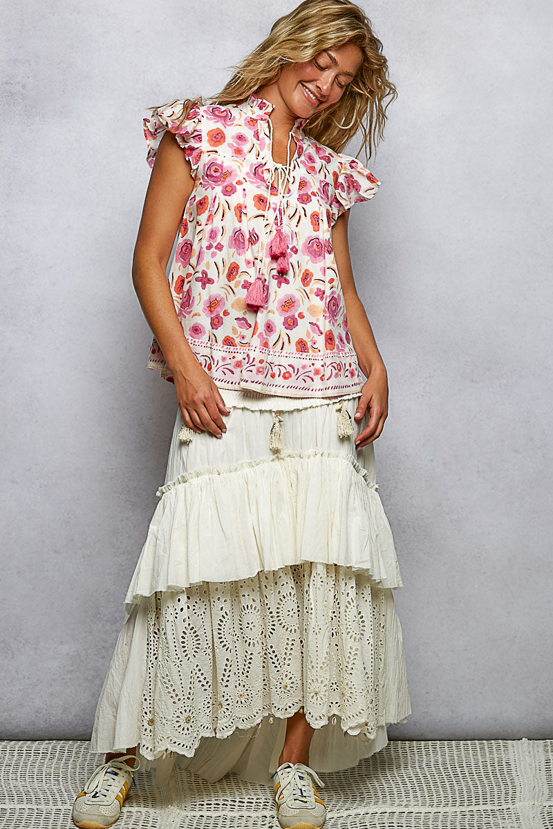 POL Tassel Tied Floral Flutter Sleeve Blouse-4