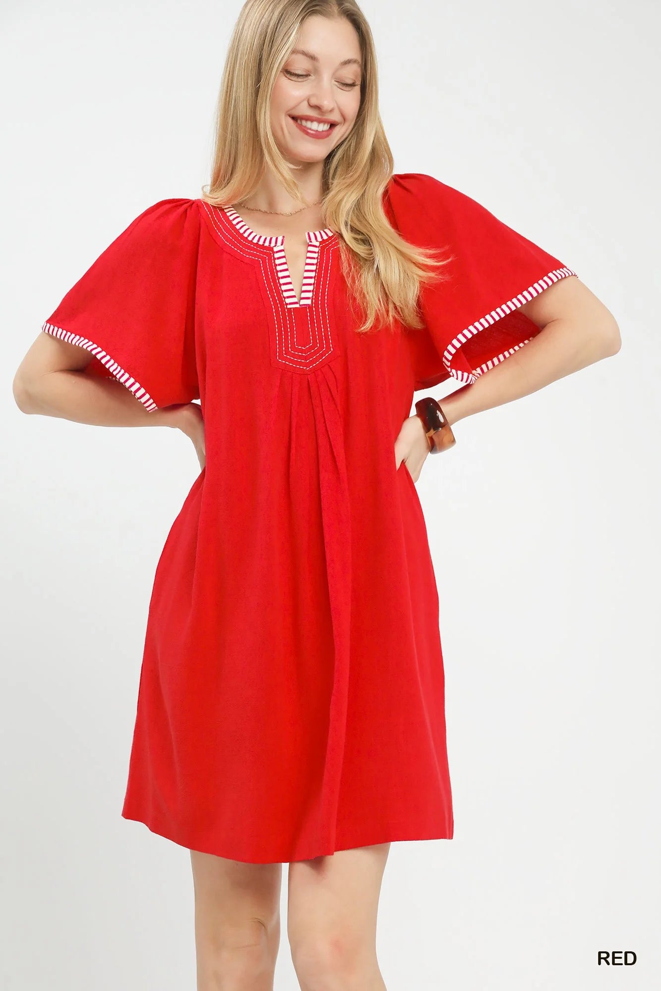 Umgee Linen Trim Tunic Dress-0