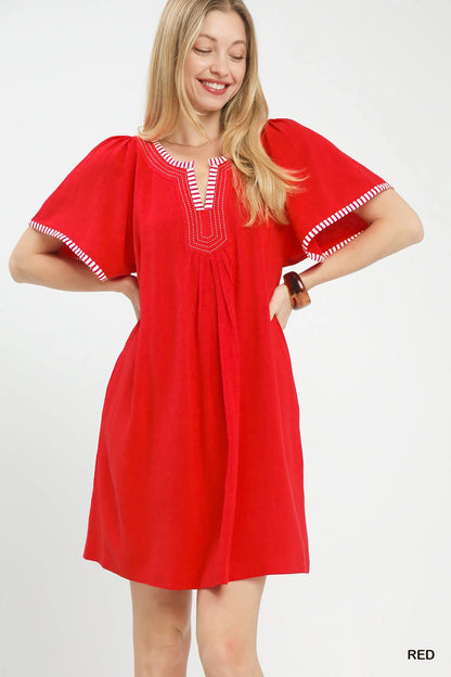 Umgee Linen Trim Tunic Dress-0