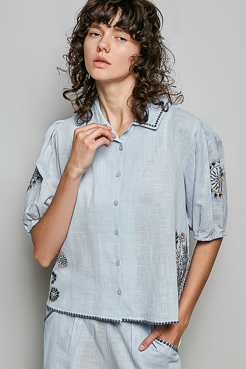 POL Button Down Embroidered Floral Short Sleeve Shirt-1