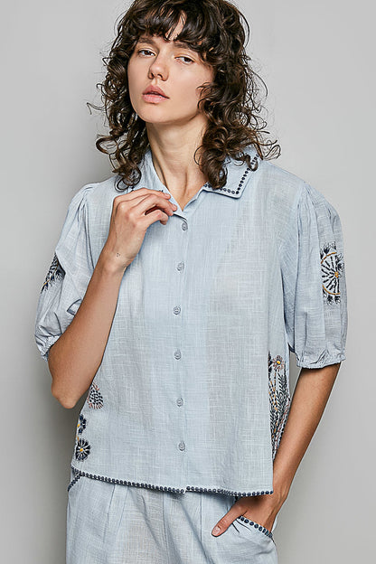 POL Button Down Embroidered Floral Short Sleeve Shirt-1