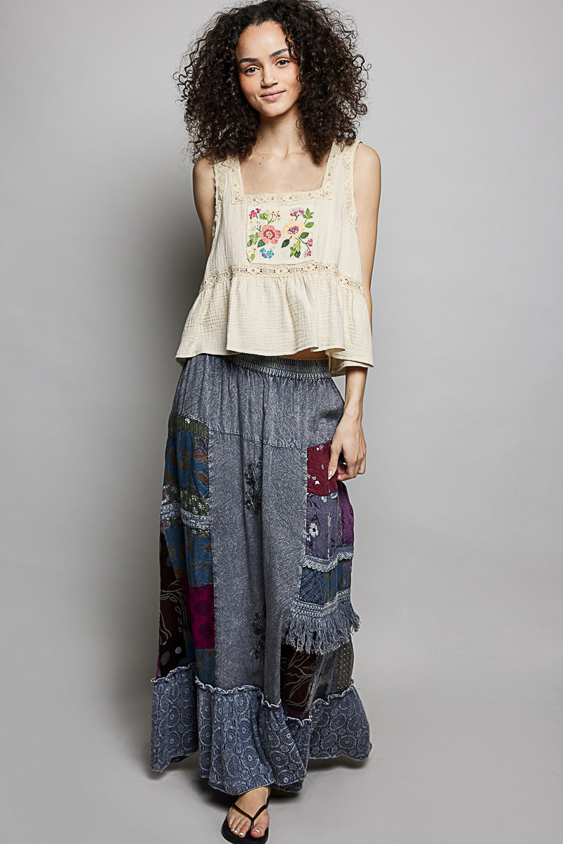 POL Printed Patchwork Embroidered Ruffled Skirt-3