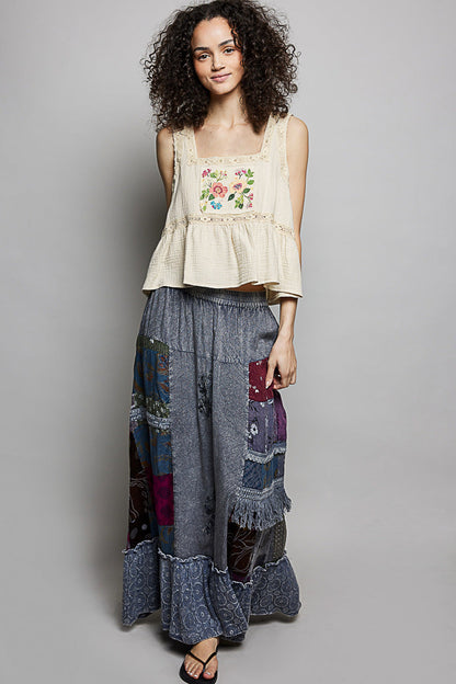 POL Printed Patchwork Embroidered Ruffled Skirt-3