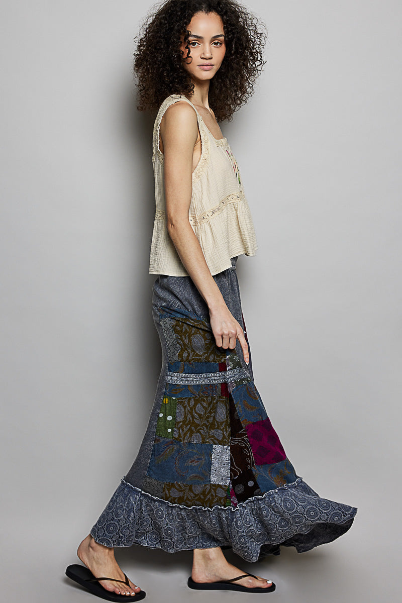 POL Printed Patchwork Embroidered Ruffled Skirt-4