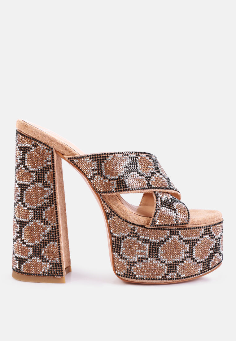 Sinful High Platform Patterned Diamante Slides-5