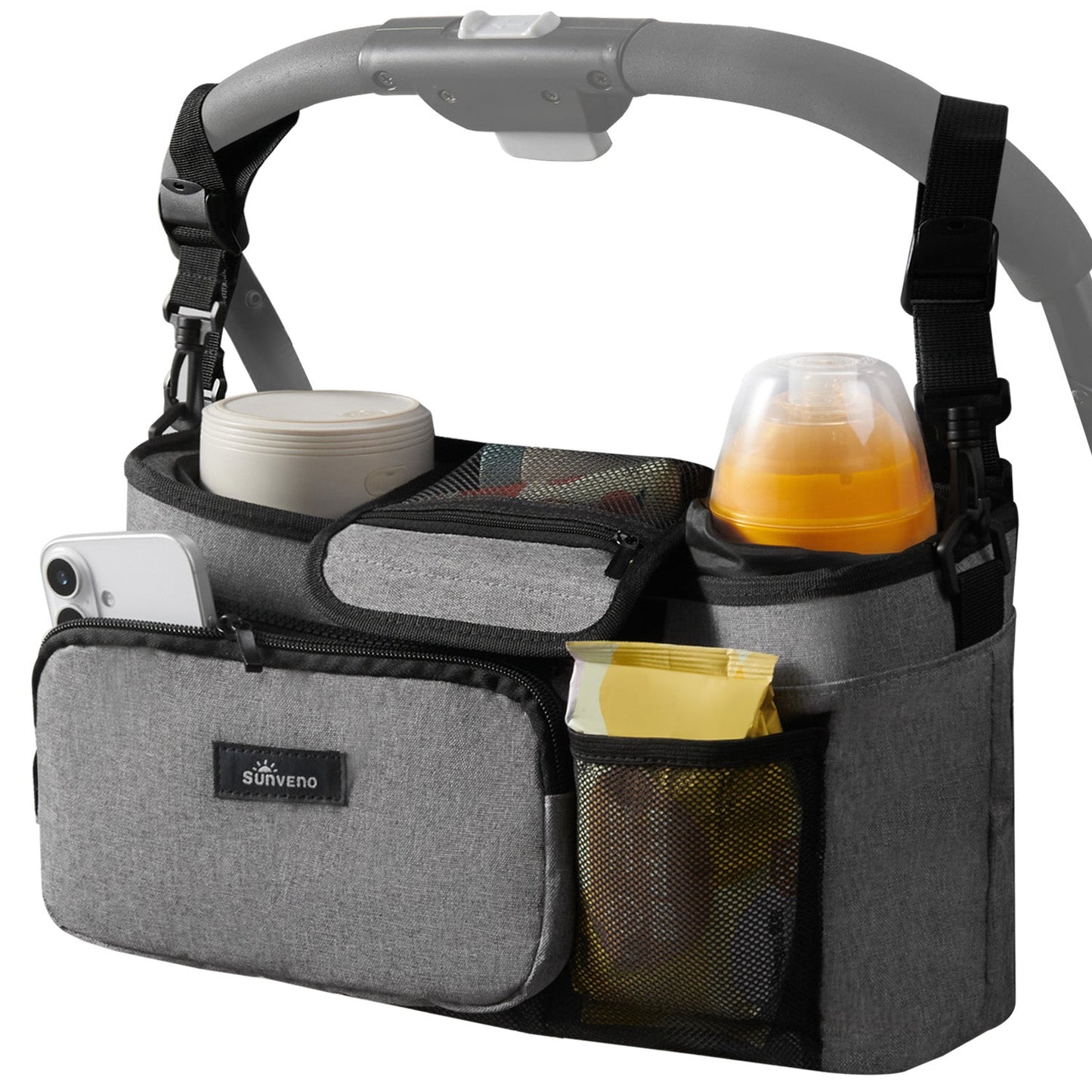 SUNVENO Universal Stroller Organizer with Insulated Cup Holder Detachable Phone Bag-0