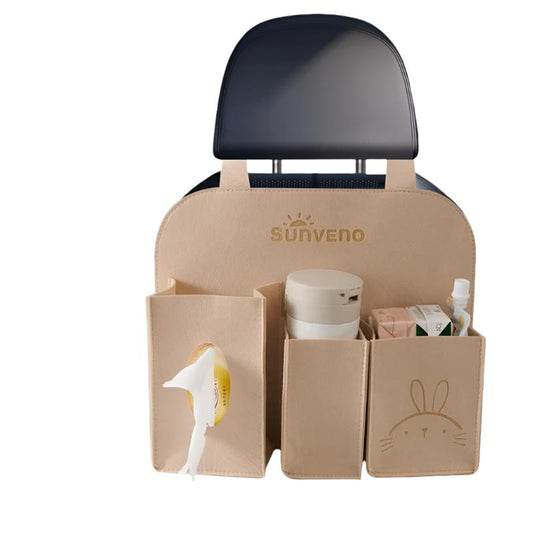 SUNVENO baby car seat organizer with three pockets, showing a black fabric storage solution attached to a car seat for easy access.