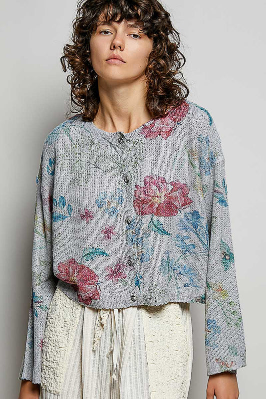 POL Floral Print Button-Down Knit Cardigan-0