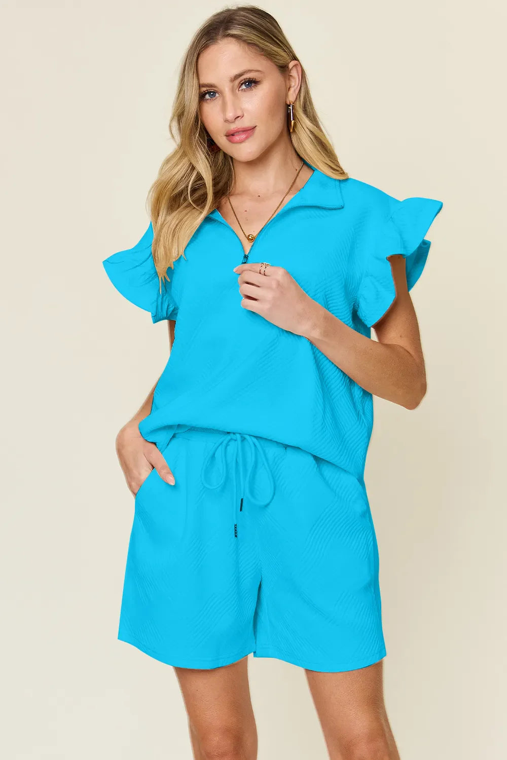 Double Take Full Size Texture Flounce Sleeve Top and Drawstring Shorts Set-14