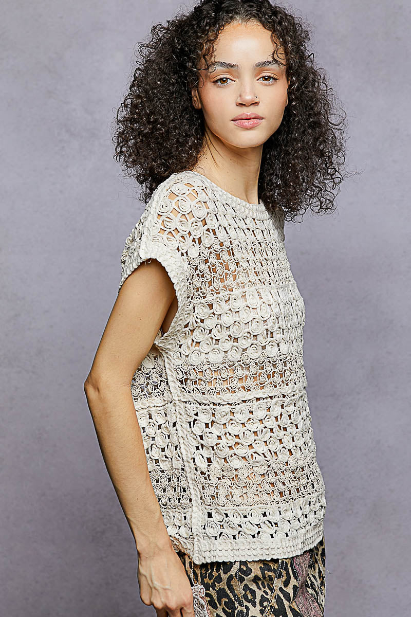 POL Openwork Round Neck Crochet Top-2