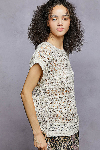 POL Openwork Round Neck Crochet Top-2