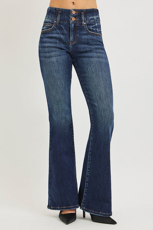 RISEN High Rise Flare Jeans With Seam Detail Waistband-1