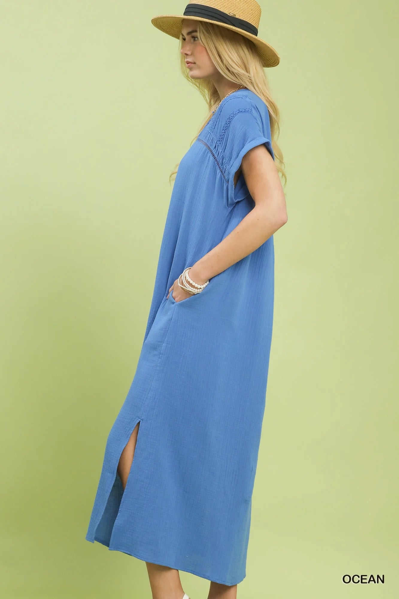 Umgee Button-Front Gauze Midi Dress with Lace Detail-1