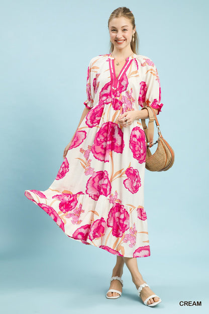 Umgee Floral Print Midi Dress with Contrast Trim-0