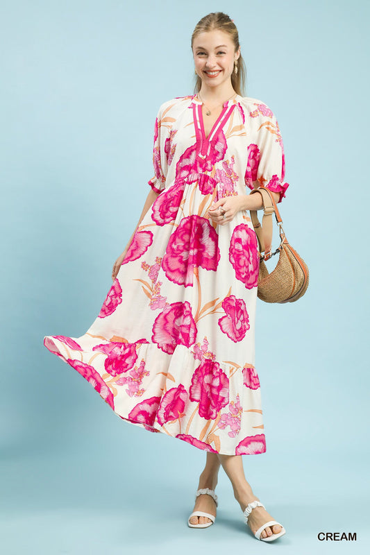 Umgee Floral Print Midi Dress with Contrast Trim-0