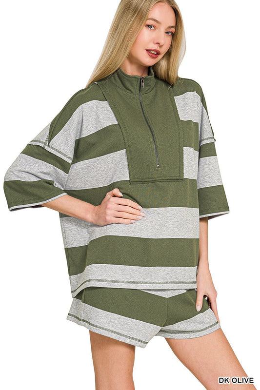 Zenana Frenchterry Striped Half Zip Top & Shorts Set-1