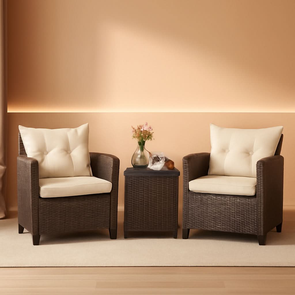 3 Piece Patio Furniture Set White PE Rattan Wicker Outdoor Sofa Set With Washable Cushions And Tempered Glass Tabletop-0