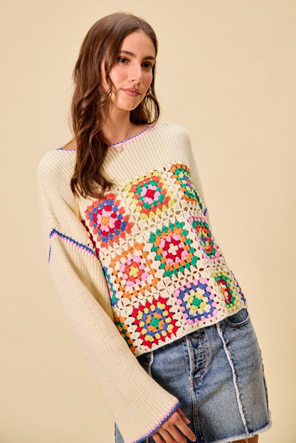 SO ME Multi Color Granny Crochet Lace Sweater Top-4