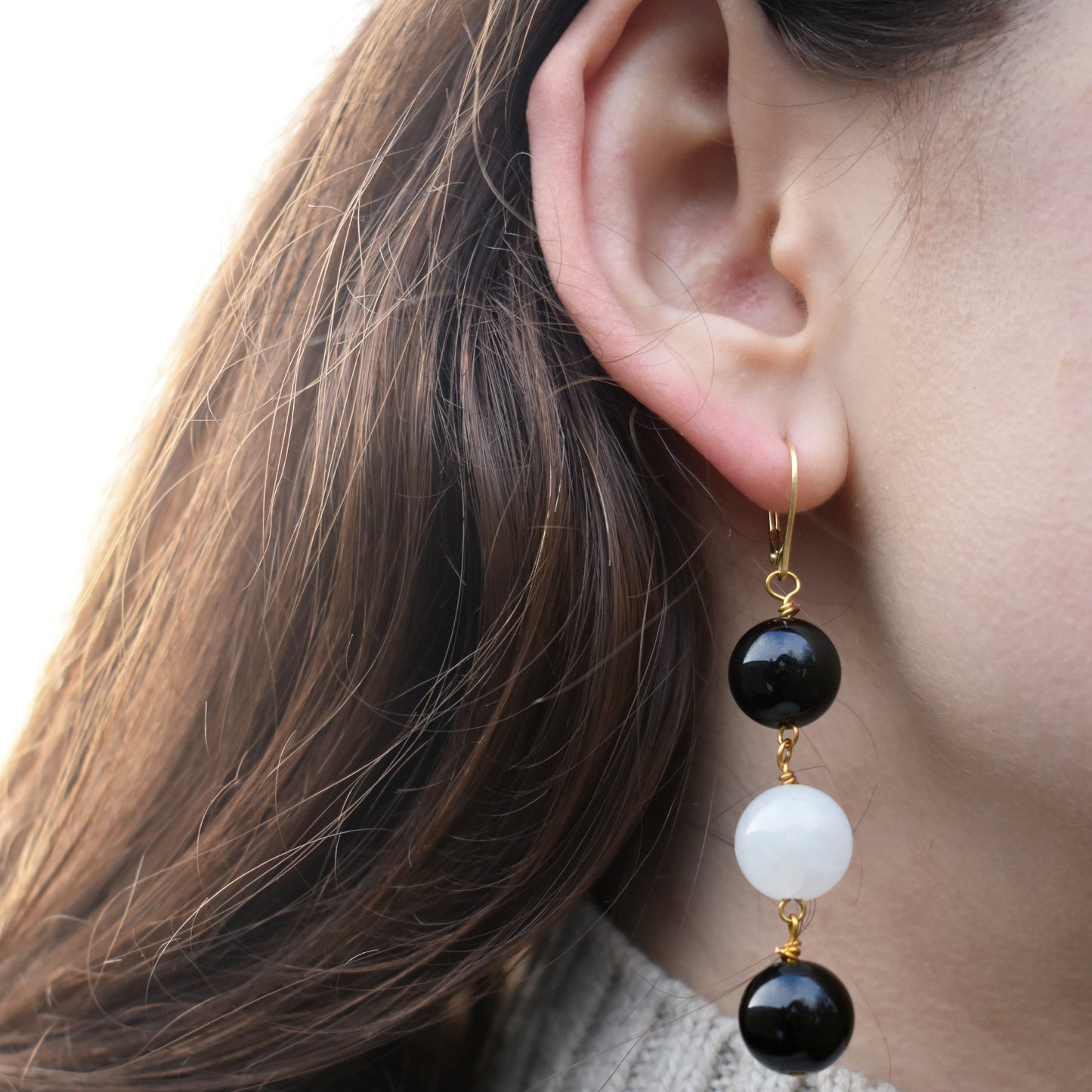 White Agate and Black Onyx Yellow Gold Vermeil, 9k or 18k Gold Earrings, Bold and Beautiful Statement Jewelry, Gold Vermeil Earrings, Bloom Collection | by nlanlaVictory-3