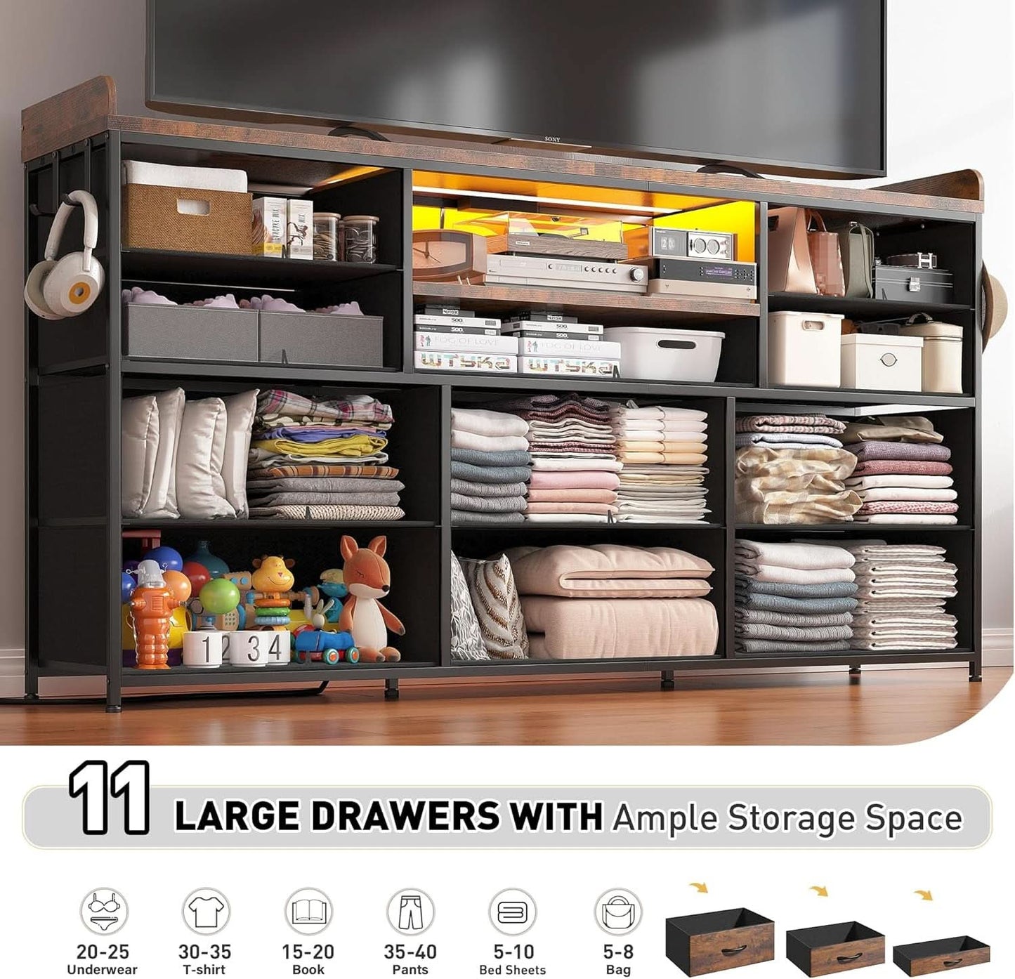 Dresser With 11 Drawers And LED Lights For Bedroom-3