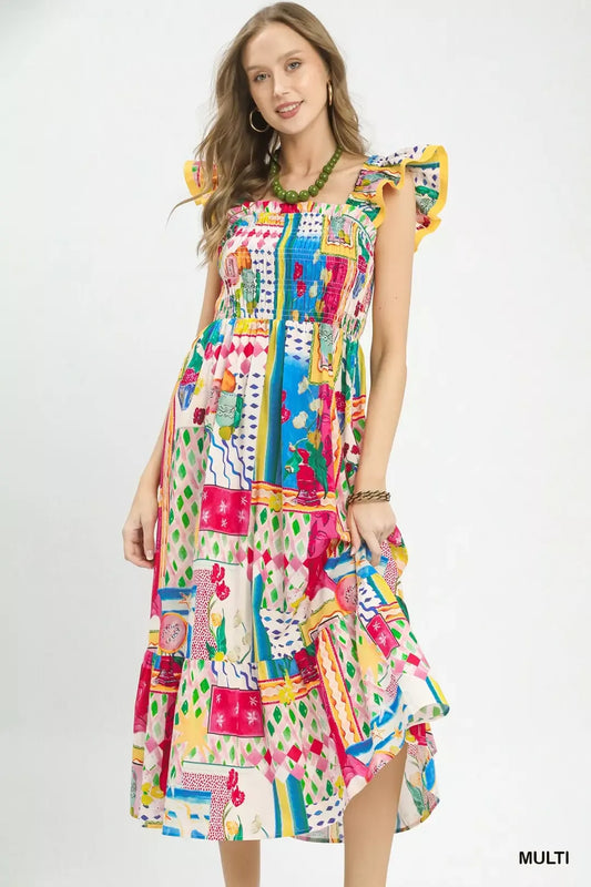 Umgee Abstract Print Smocked Ruffle Sleeve Tiered Midi Dress-0