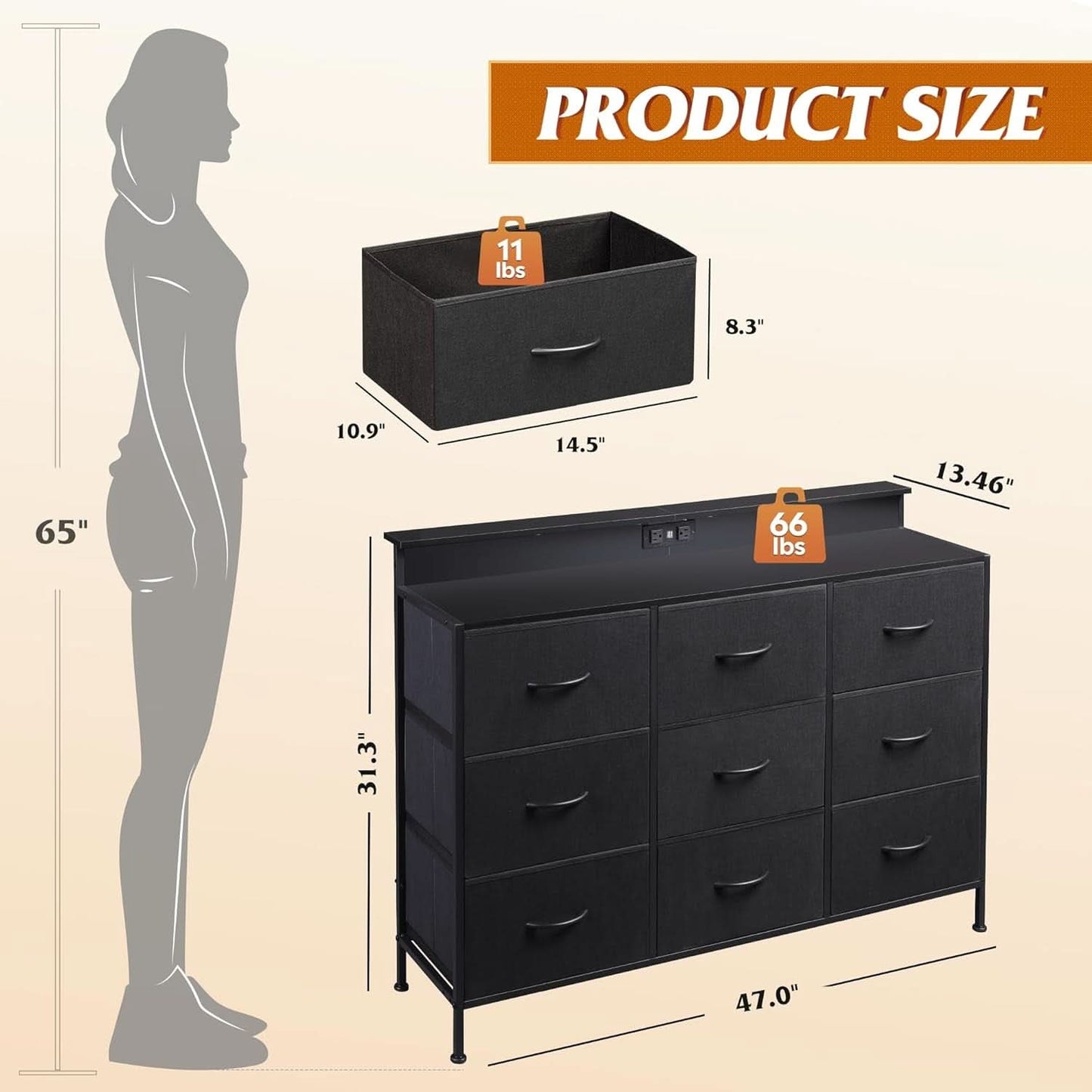 Black Dresser TV Stand 55 Inch With LED Lights And Charging Station-2