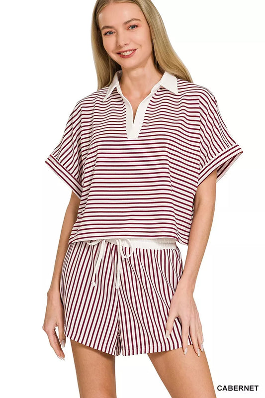 Zenana Striped Collared Top & Shorts Set-0