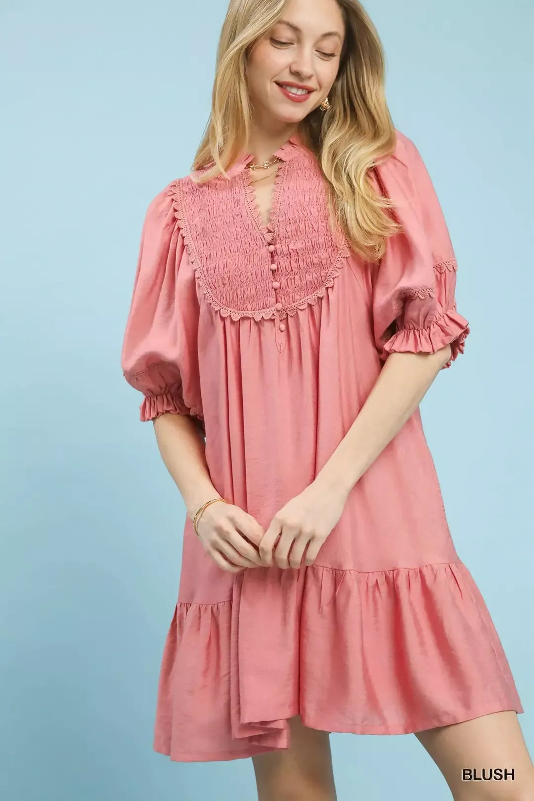 Umgee Smocked Bib Ruffle Hem Babydoll Dress-0
