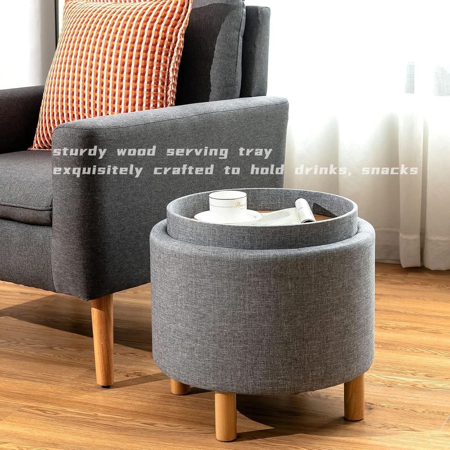 Grey Premium Microfiber Storage Ottoman Large Tray-3