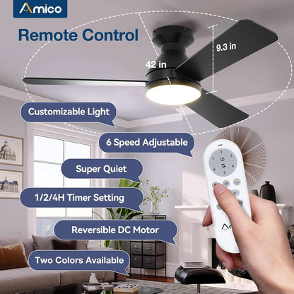 42 Inch Black Low Profile Ceiling Fan With Light And Remote-2