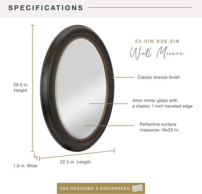 Bronze Oval Wall Mirror 22.5 By 29.5 Inches With Beaded Inner Edge Vertical Or Horizontal Mount-2