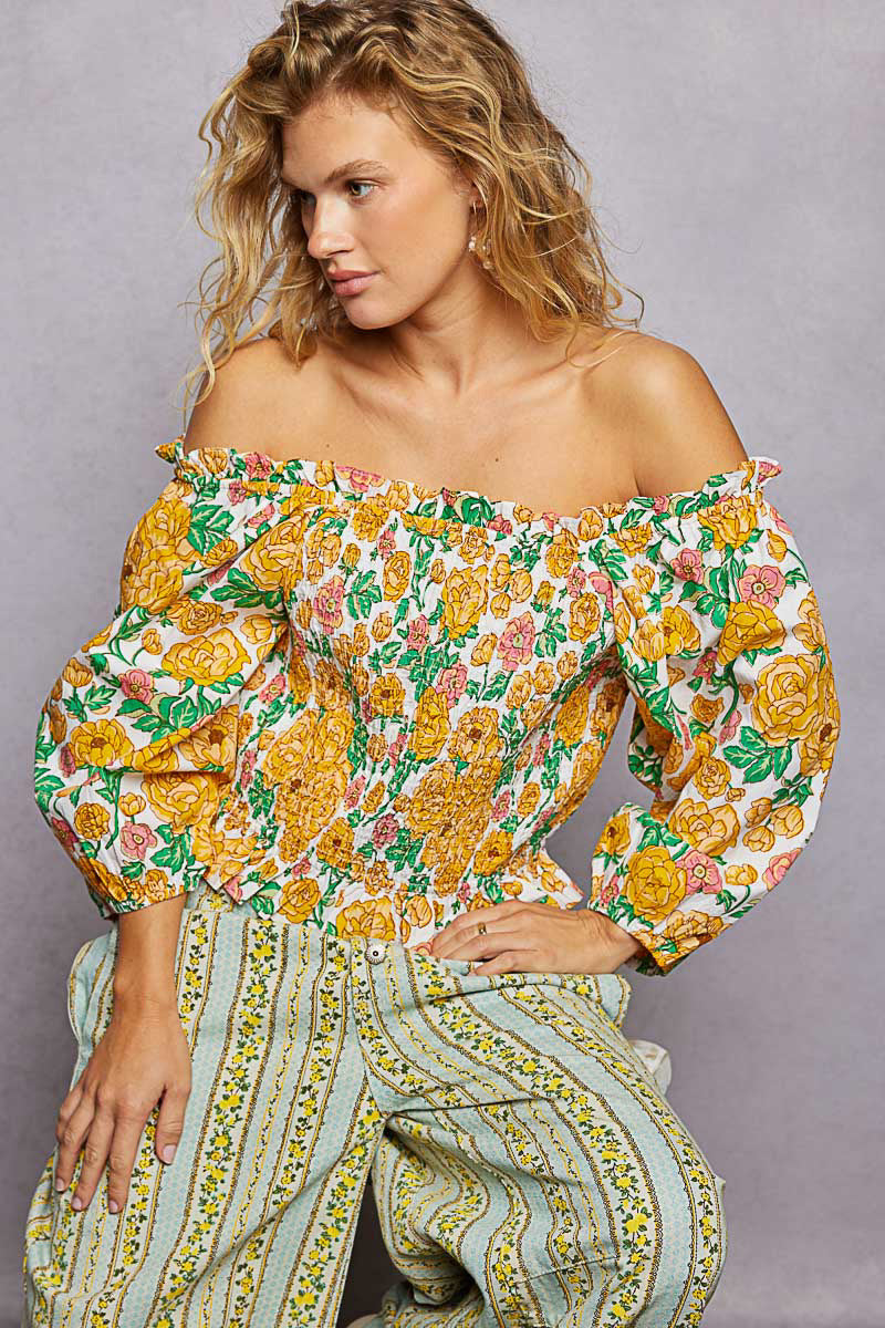 POL Floral Print Off-Shoulder Smocked Blouse-3