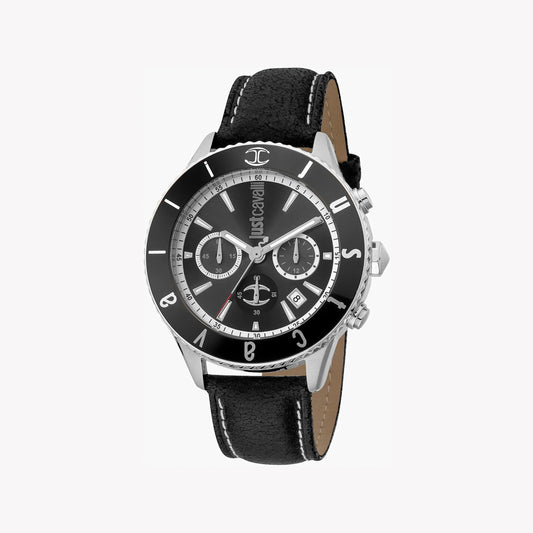 Just Cavalli Men's Black Leather Watch, Silver Case | Jc1g155l0025-0