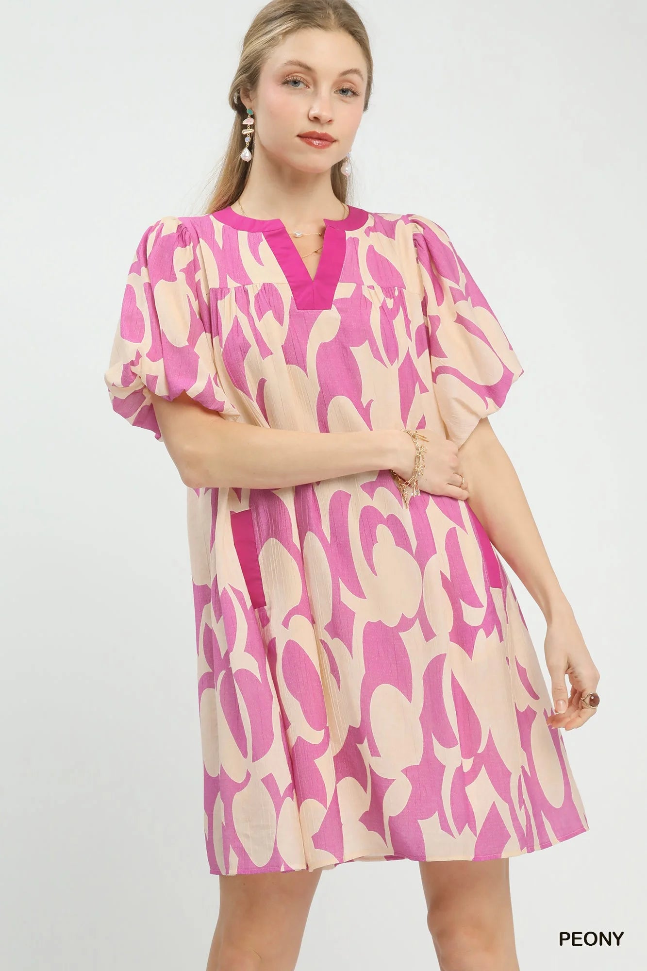 Umgee Abstract Print Puff Sleeve Shift Dress-0