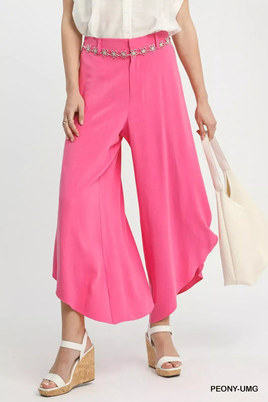 Umgee Flowy Asymmetrical Hem Wide Leg Pants-0