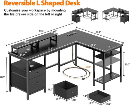 Fifty Nine Inch L Shaped Desk With Black Storage Drawers Unit-2