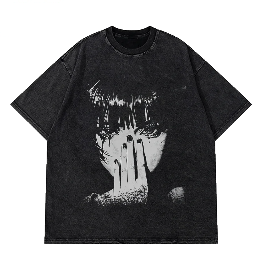 Hip Hop Washed Graphic T Shirt Men Streetwear Cotton Loose Fit-0