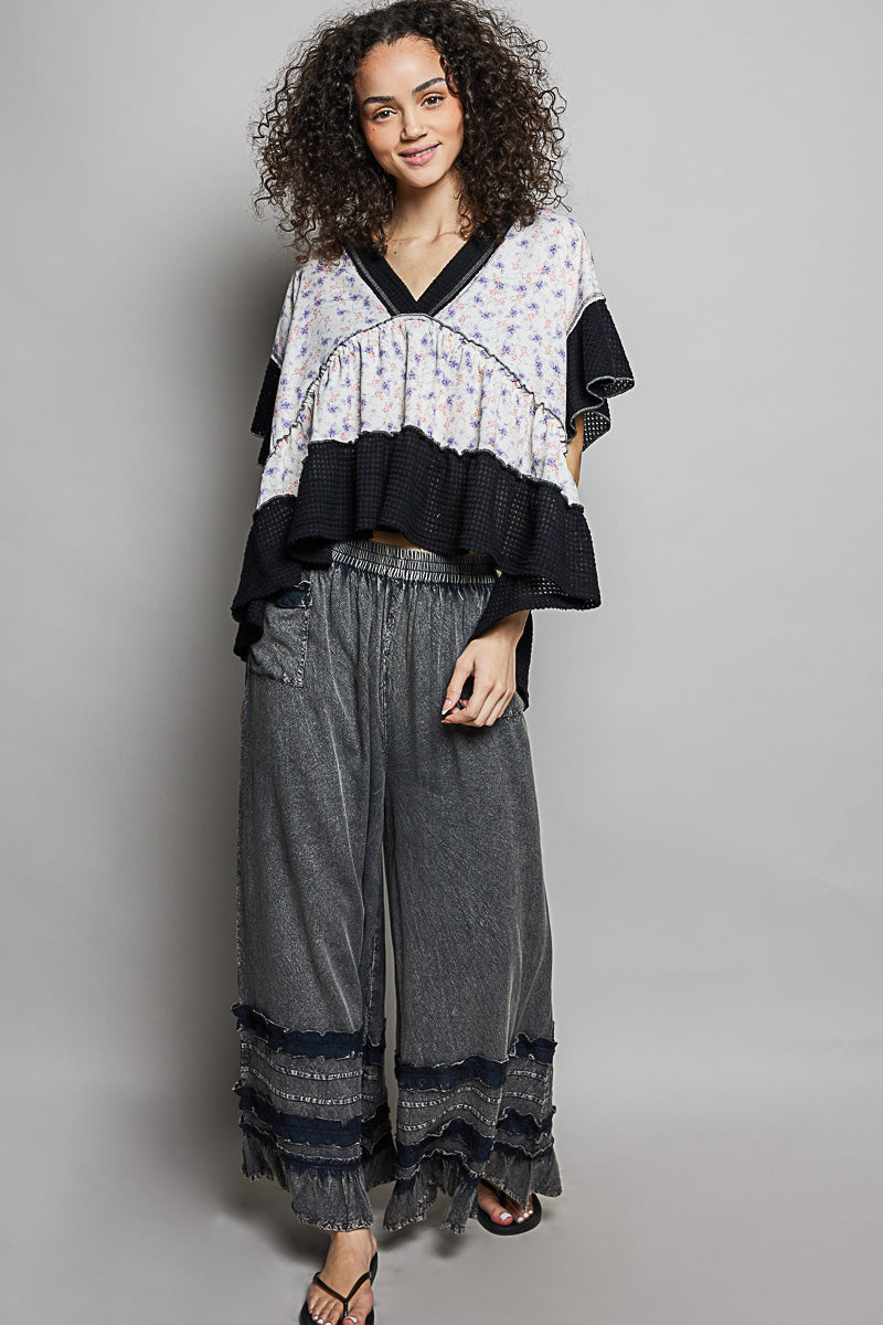 POL Floral Print V-Neck Woven Blouse with Gentle Gathers-4